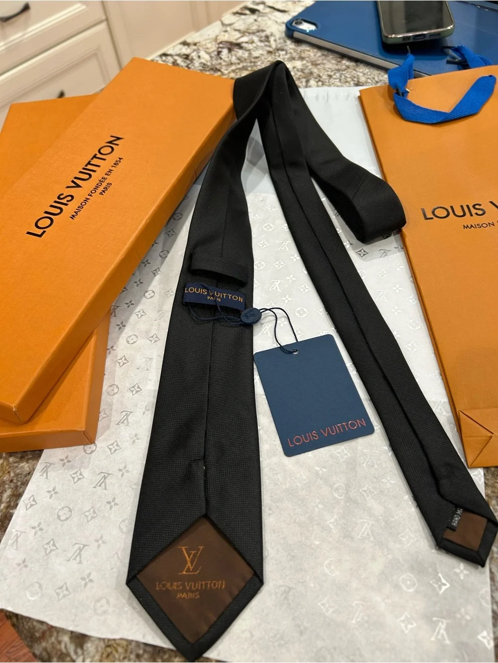 Louis Vuitton Black Silk Tie with Gold Motif